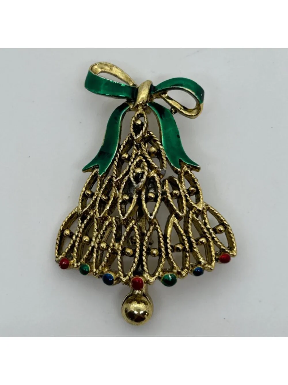 Vintage Christmas Tree Bell-Shape Brooch Gold Tone Green Enamel Bow Holiday Pin